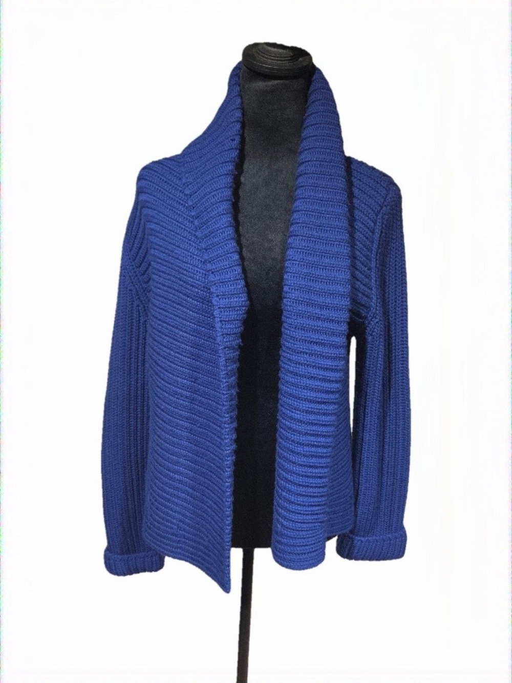 Eileen Fisher Navy Blue 100% Merino Wool Open-Front Ribbed Cardigan Italian Yarn